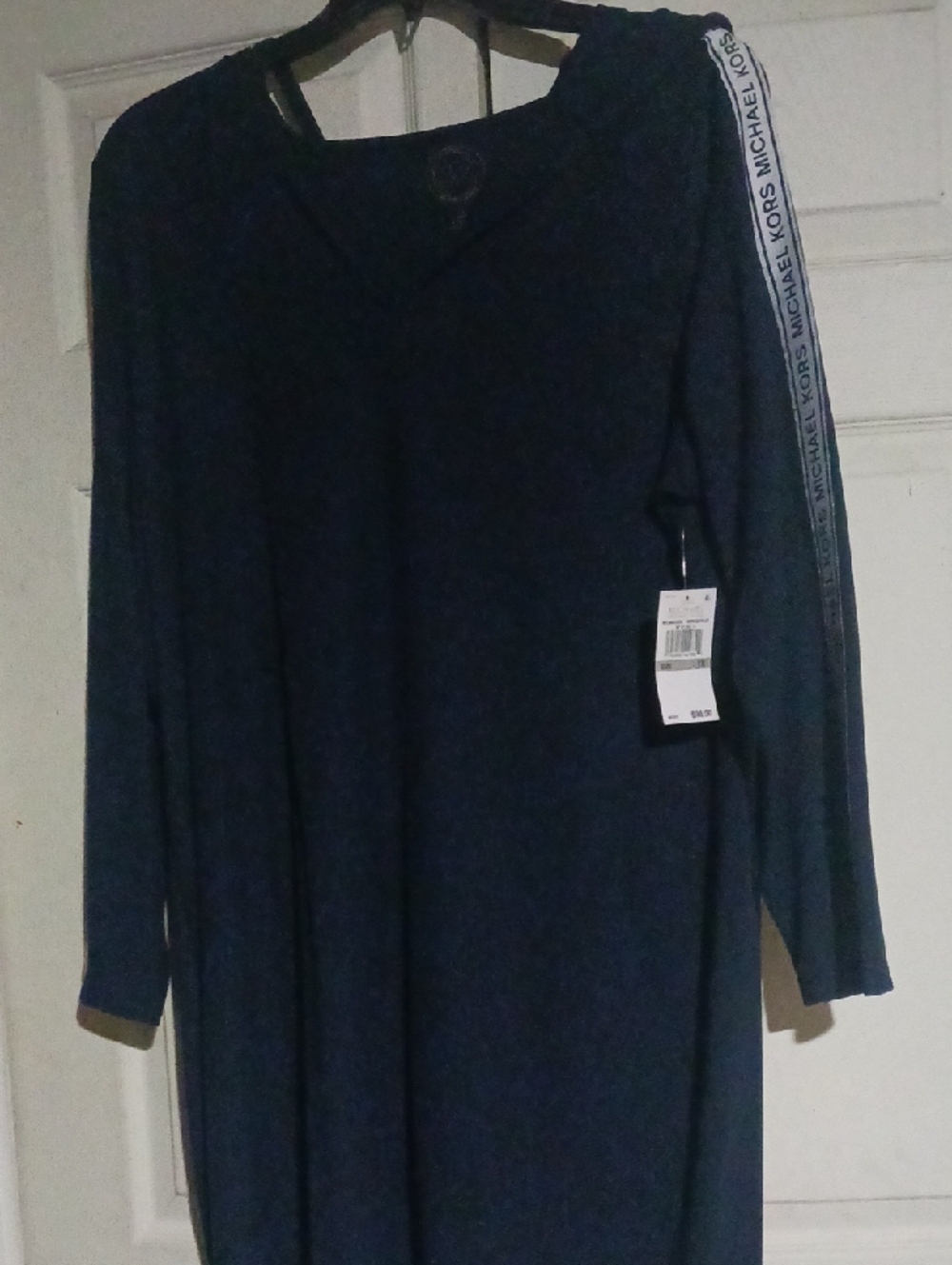 Michael Kors Navy V-Neck Long Sleeve Dress with Logo Sleeve Tape